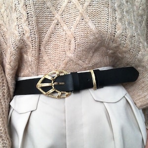 Women Belt Leather, Black Belt, Buckle Belt, Gift for Her, Made from Real Genuine Leather in Greece - Gold Rhombus