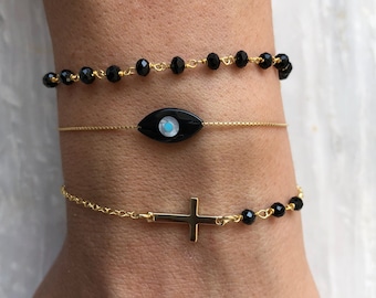 Evil Eye Bracelet, Rosary Beaded Bracelet, Eye Charm Bracelet, Cross Jewelry, Gold Plated Sterling Silver 925