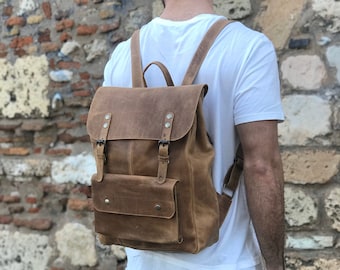 Mochila de cuero para hombre, bolso para portátil, mochila de cuero, mochila grande, bolsa de viaje, fabricada en Grecia.