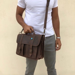 Maletín de cuero, bolso mensajero de cuero marrón, maletín marrón, maletín para hombre, bolso mensajero marrón, bolso para portátil de 15 pulgadas, fabricado en Grecia.