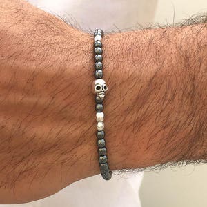 Herrarmband, Hematitpärlarmband, Silverarmband, Dödskallearmband, Herrsmycken, Tillverkad i Grekland