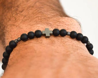 Mens Cross Bracelet, Mens Black Bracelet , Cross Jewelry, Gift for Him, Made in Greece by Christina Christi Jewels.