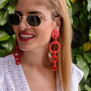 Red Hoop Earrings, Clip On Earrings, Long Earrings, Round Earrings, Gift for Her, Made in Greece.