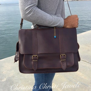 Bolso para portátil de piel marrón oscuro – Maletín de hombre hecho a mano – Bolso bandolera de piel flor – Bolso de oficina para trabajo y viajes – Christina Christi