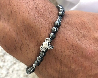 Elephant Bracelet, Mens Bracelet, Mens Jewelry, Hematite Beaded Bracelet, Gray Bracelet, Gift for Him, Made by Christina Christi Jewels.