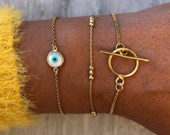 Gold Bracelet, Round Evil Eye Bracelet, Circle Bracelet, Chain Bracelet, Gift for Her, Made From Sterling Silver 925.