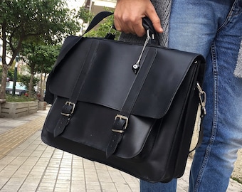 Leather Briefcase Men, Black Leather Messenger Bag, Men's Briefcase, Laptop Briefcase, Messenger Bag, 17'' Laptop Bag, Made in Greece.