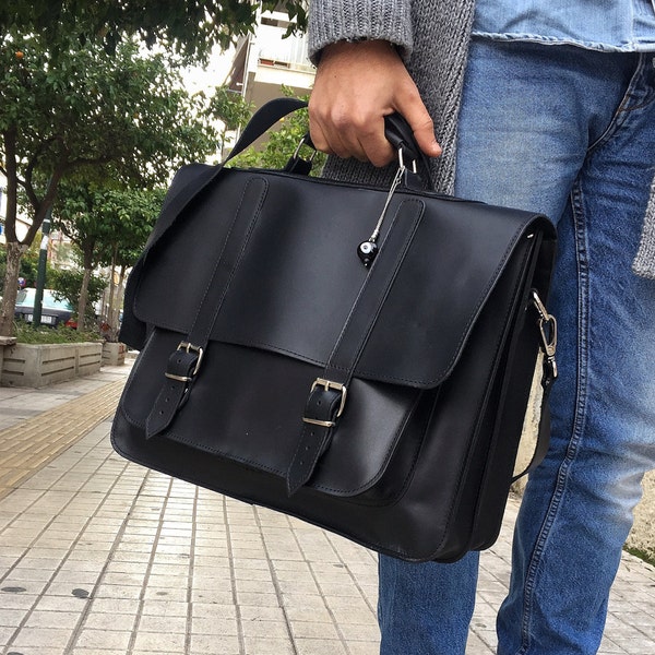 Maletín de cuero para hombre, bolso mensajero de cuero negro, maletín para hombre, maletín para computadora portátil, bolso mensajero, bolso para computadora portátil de 17'', hecho en Grecia.