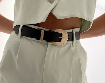 Ceinture en cuir noir pour femme, ceinture, ceinture à boucle, cadeau pour elle, fabriqué à partir de cuir véritable véritable, fabriqué en Grèce. - Toujours unique