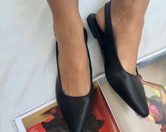 Mules de cuero para mujer, mules negros, sandalias con tira trasera, zapatos de cuero hechos a mano.