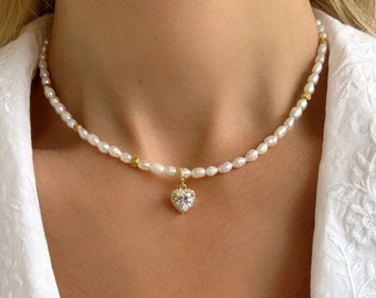 Freshwater Pearls Beded Necklace, Heart Charm Necklace, Pearls Pendant, CZ Heart Pendant, Gift for Her, Made in Greece.