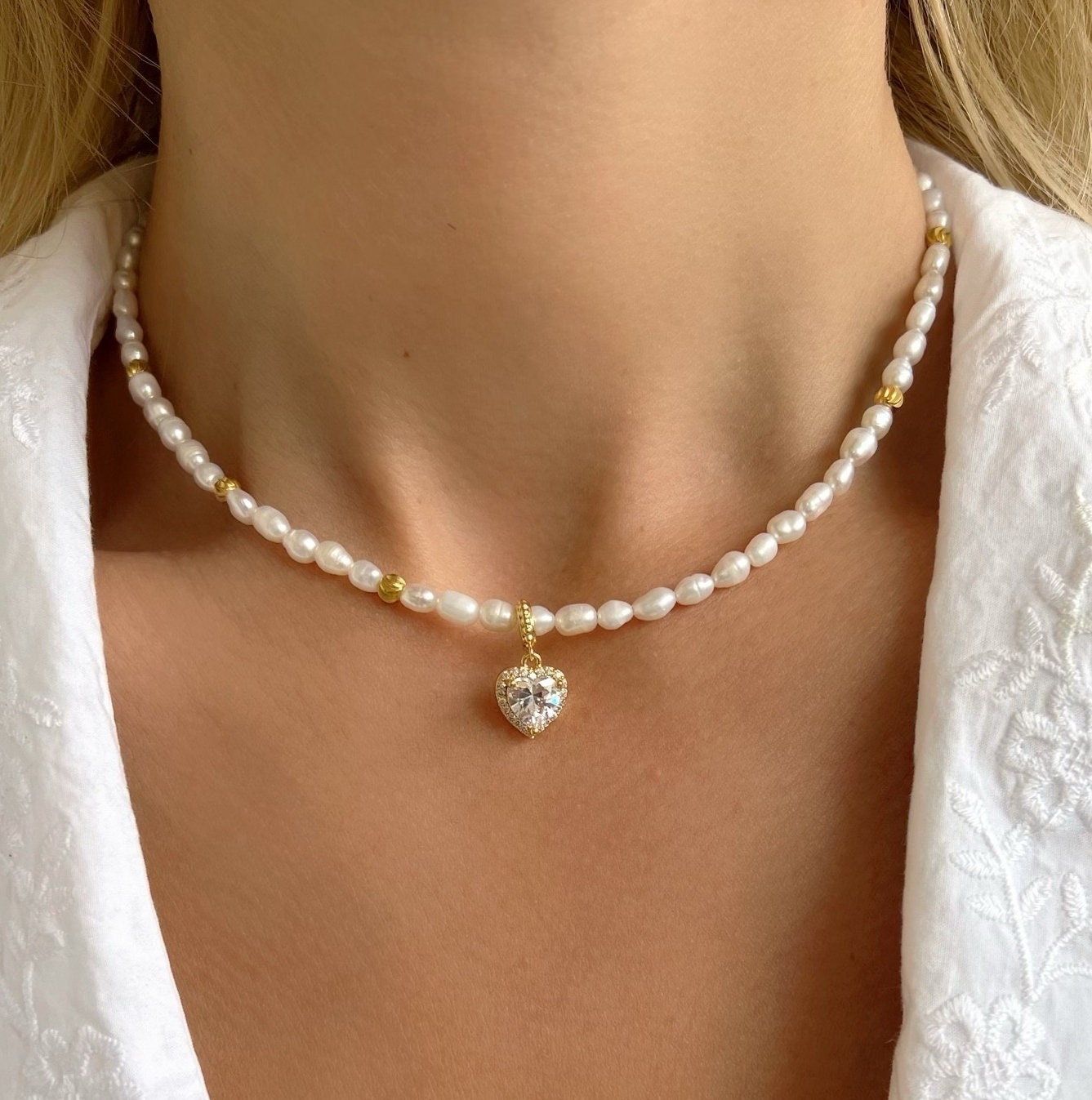 Freshwater Pearl Beaded Necklace, Pearls Pendant, CZ Heart