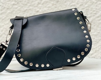 Black Leather Purse, Leather Crossbody Bag, Studded Bag, Shoulder Bag, Gift for Her, Made from Full Grain Leather.