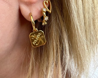 Minimalist Earrings, Gold Earrings, Hoop Earrings, Mom Charm Earrings, Zircon Heart - Made in Greece