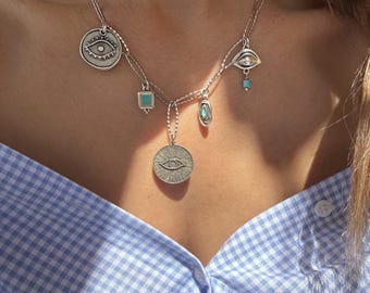 Silver Evil Eye Necklace, Evil Eye Pendant Women, Chunky Chain Necklace, Turquoise Enamel Necklace, Stainless Steel Silver Necklace.