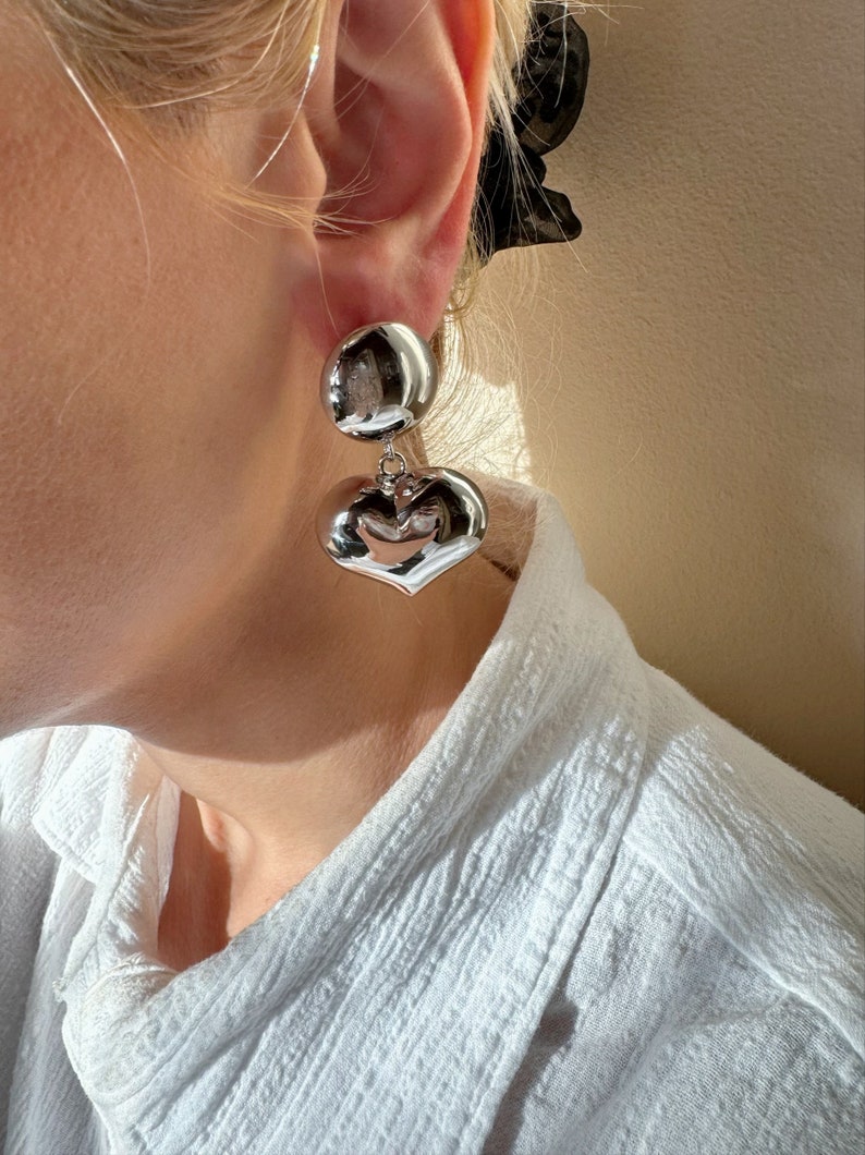 Silver Heart Earrings, Dangle Silver Earrings, Modern Earrings, Statement Earrings, Love Earrings, Gift for Her. image 4