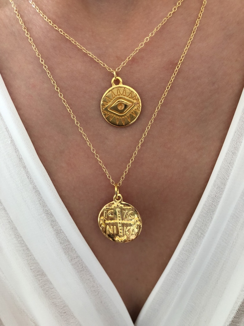 Gold Necklaces Gold Evil Eye Necklace Gold Disc Necklace Etsy
