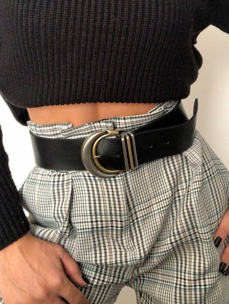 Wide Leather Belt Women, Black Belt, Large Buckle, Gift for Her, Made from Real Genuine Leather, Made In Greece Silver Moon 画像 2