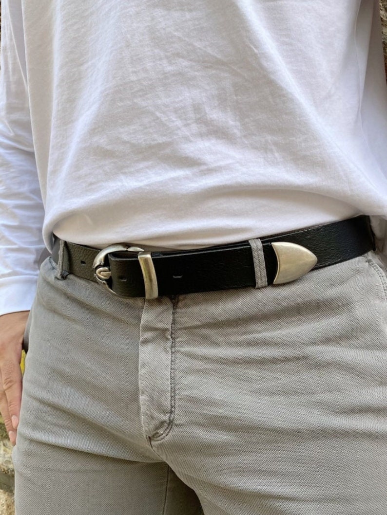 Men Leather Belt Silver Buckle Belt Black Leather Belt Etsy