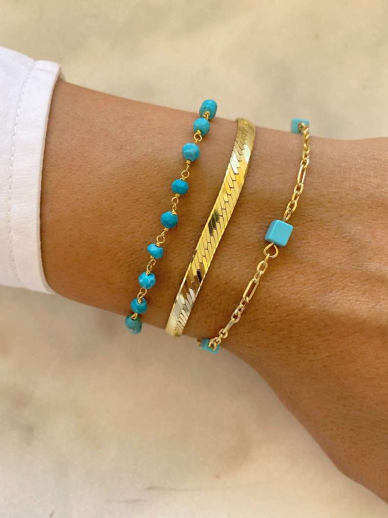 Turquoise Beaded Rosario, Turquoise armbanden, sierlijke armbanden, kettingarmband, cadeau voor haar, gemaakt van verguld sterling zilver 925. afbeelding 6