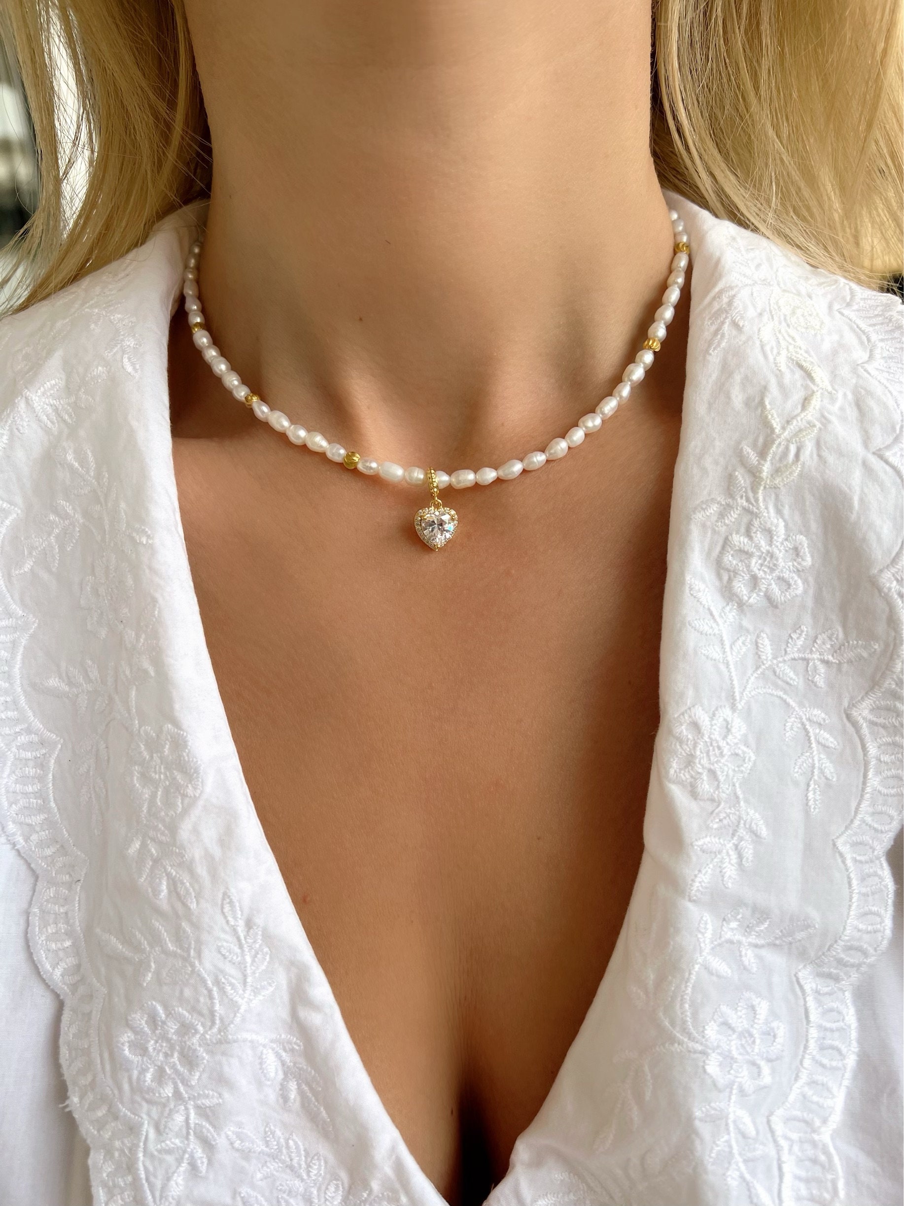 Freshwater Pearls Beded Necklace, Heart Charm Necklace, Pearls Pendant, CZ Heart Pendant, Gift for Her, Made in Greece. Freshwater Pearls Beded Necklace, Heart Charm Necklace, Pearls Pendant, CZ Heart Pendant, Gift for Her, Made in Greece.