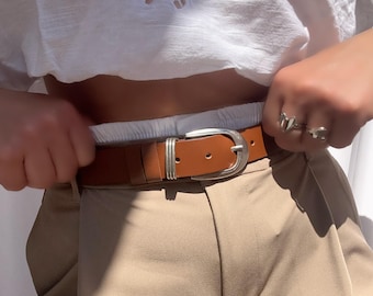 Brown Leather Belt , Women Belt Buckles Silver, Handmade  display picture 2