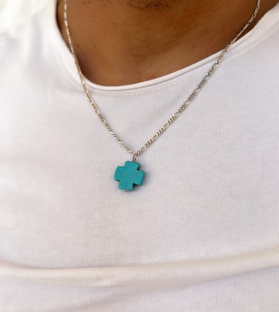 Mens Turquoise Celtic Cross Pendant Necklace Religious Jewelry Box Chain  24