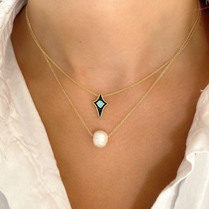 Rhombus Evil Eye Necklace, Pearl Necklace, Evil Eye Pendant, Gold Chain Necklace, Protection Necklace Made from Sterling Silver 925