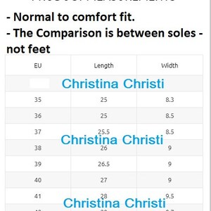 May include: A chart showing shoe sizes in European (EU) sizes, with corresponding length and width measurements in inches. The chart shows sizes 35 through 42.