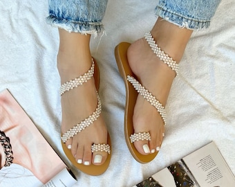 Pearl Leather Sandals, Wedding Sandals, Bridal Shoes, Handmade Wedding Shoes
