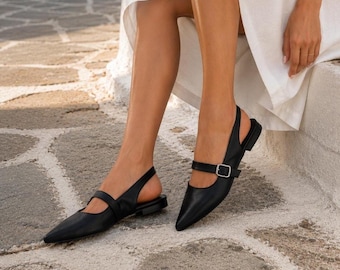Mules de cuero negro, mules con tira trasera, sandalias hechas a mano, zapatos de mujer elaborados con cuero de plena flor.
