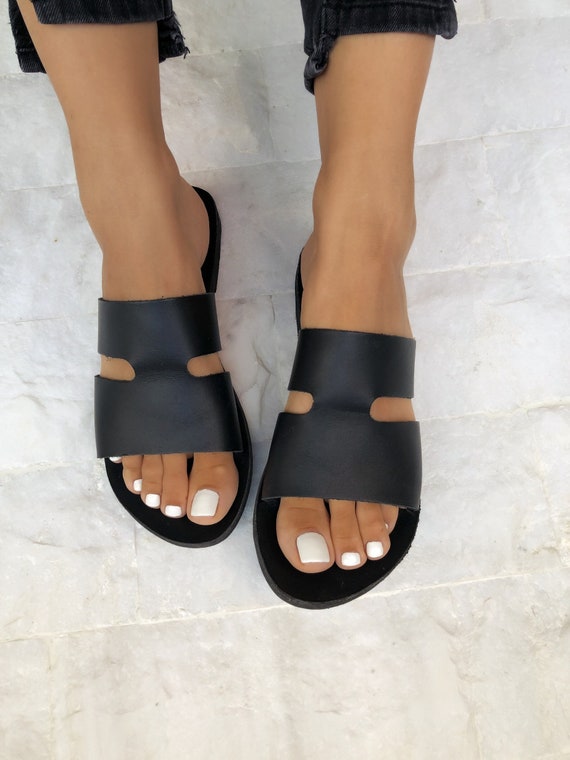 black leather slides