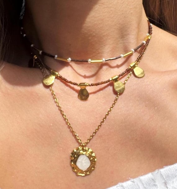 Beaded Gold Necklace for Women, Minimalist Layering Necklace