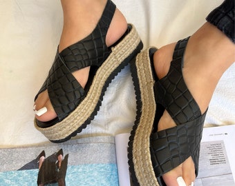 Handmade Black Leather Espadrille Sandals, Leather Platforms, Women Wedges, Criss Cross Summer Shoes