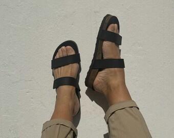 Sandalias de hombre, sandalias de cuero para hombre, sandalias negras, sandalias sin cordones, sandalias griegas, zapatos de verano, hechos de cuero de plena flor.