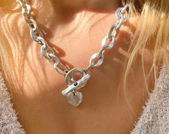 Collar de corazón de cadena de plata, cadena gruesa, collar de mujer, collar de plata, regalo para ella, hecho de acero inoxidable.