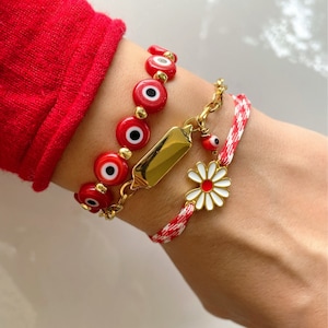 March Bracelets, Spring Bracelets, Red Bracelets, Flower Bracelet, Floral Bracelet, Evil Eye Bracelet, Gift for Her, Made in Greece.