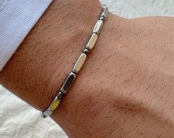 Mens Bracelet, Silver Beaded Bracelet, Hematite Beads, Minimalist Jewelry