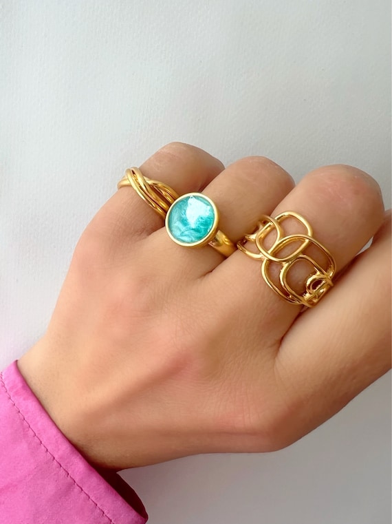 Set Di Anelli Regolabili Geometrici Turchesi - Gioielli Impilabili Punk In Oro Massiccio Per Donna - 5
