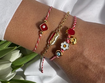 Red Cord Bracelet, March Bracelet:, Evil Eye Bracelet,  Spring Bracelet, Made in Greece, Gift fot Her.