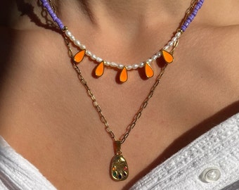 Gold Necklace, Evil Eye Pendant, Protection Necklace, Enamel Stainless Steel Chain