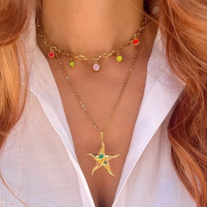 Gold Starfish Necklace, Stainless Steel Necklace, Gold Stones Neckalce, Layerings Necklaces, Beach Necklace, Gift for Her, Made in Greece. image 1