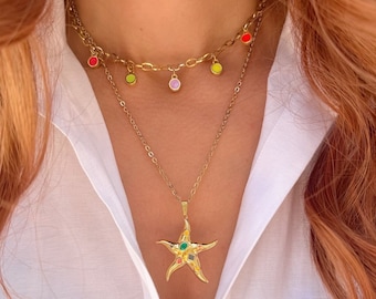 Gold Starfish Necklace, Stainless Steel Necklace, Gold Stones Neckalce, Layerings Necklaces, Beach Necklace, Gift for Her, Made in Greece.