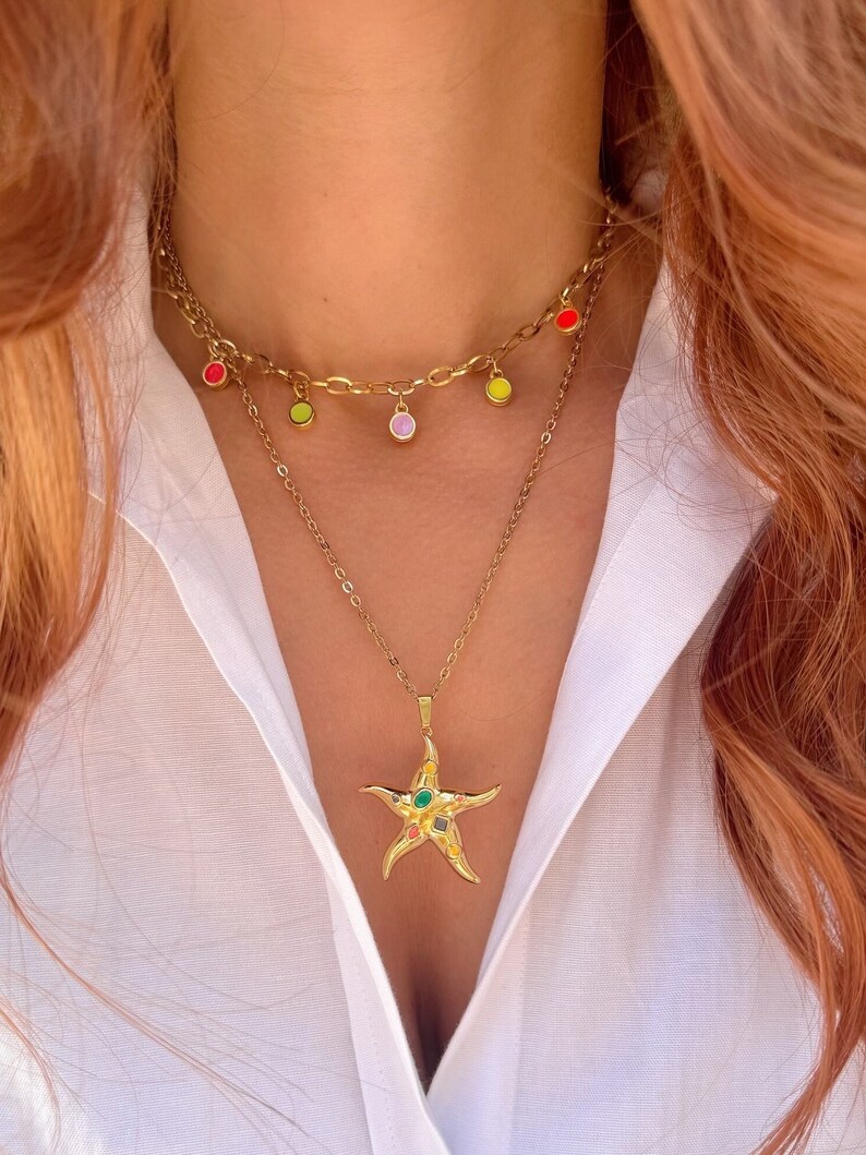 Gold Starfish Necklace, Stainless Steel Necklace, Gold Stones Neckalce, Layerings Necklaces, Beach Necklace, Gift for Her, Made in Greece. image 1