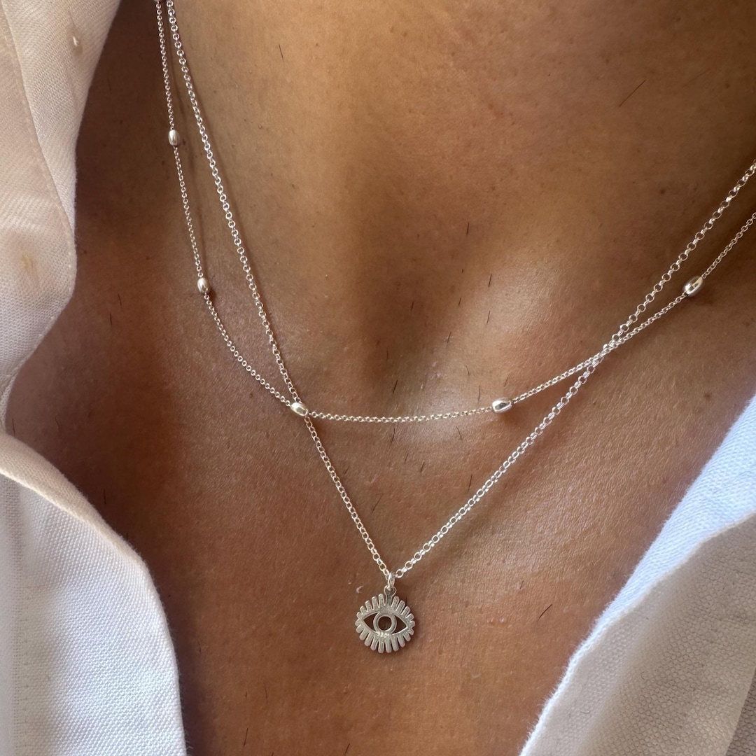 Evil Eye Necklace, Silver Chain Necklace, Eye Pendant, Layered Pendant ...