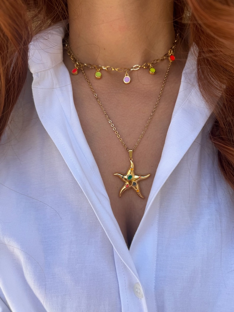 Gold Starfish Necklace, Stainless Steel Necklace, Gold Stones Neckalce, Layerings Necklaces, Beach Necklace, Gift for Her, Made in Greece. zdjęcie 5