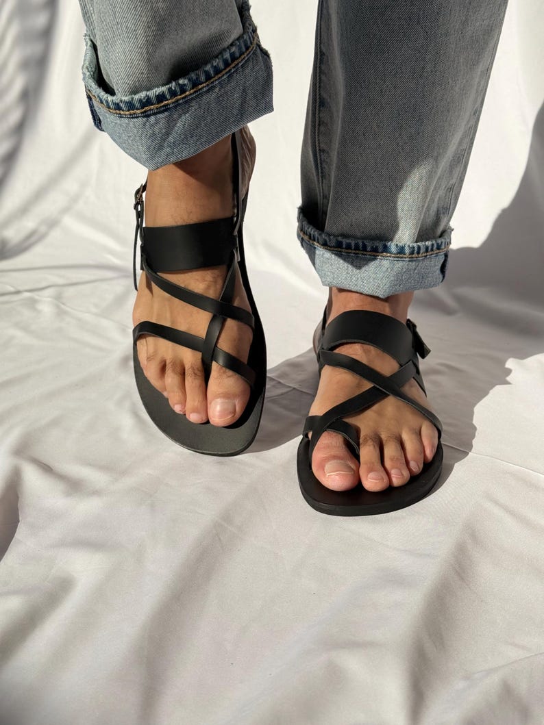Handmade Leather Slingback Sandals, Mens Sandals, Greek Summer Shoes. Black