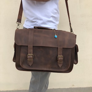 Sac messager en cuir pour homme, porte-documents en cuir marron, sac pour ordinateur portable en cuir, cadeau pour lui, en cuir pleine fleur.