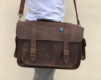 Brown Leather Messenger Bag, Office Bag, Laptop Bag,  15'' Laptop Briefcase, Full Grain Crossbody Purse, Made from Full Grain Leather.