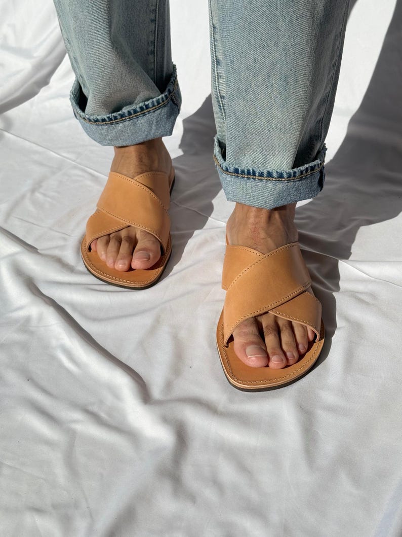 Mens Leather Sandals, X Sandals, Mens Sandals, Greek Slides, Men Summer Shoes. image 7